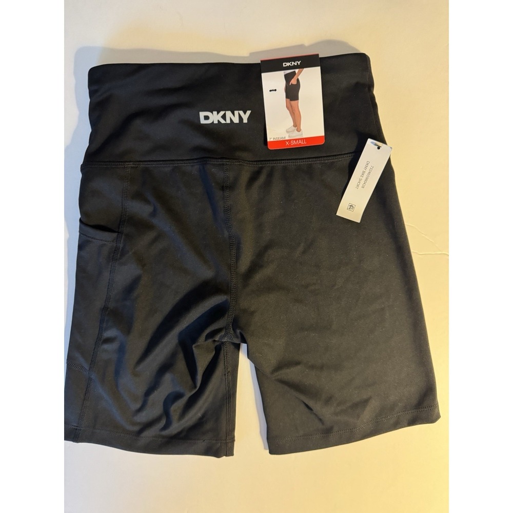 NWT DKNY Sport Bike Shorts Womens XS Black High Rise 7" Inseam Pocket Stretch